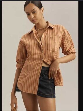 Maeve X Anthropologie Boyfriend Fit Oversized Striped Curved Hem Button Down Top